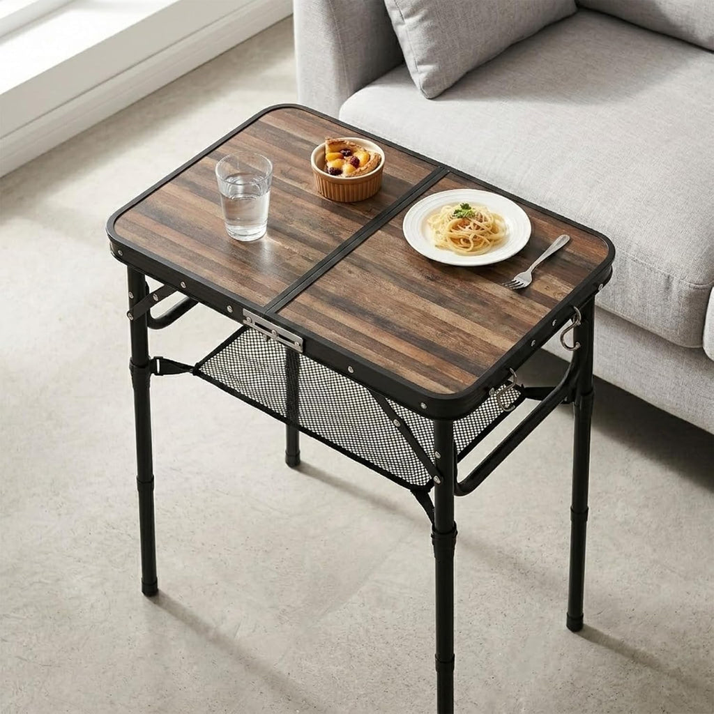 Folding TV Dinner Tray Table, Adjustable Height Sofa Snack Table | Portable Table with Storage Net, Lightweight Aluminum Couch End Table for Living Room, Bedroom, Camping, Patio, Rustic Brown
