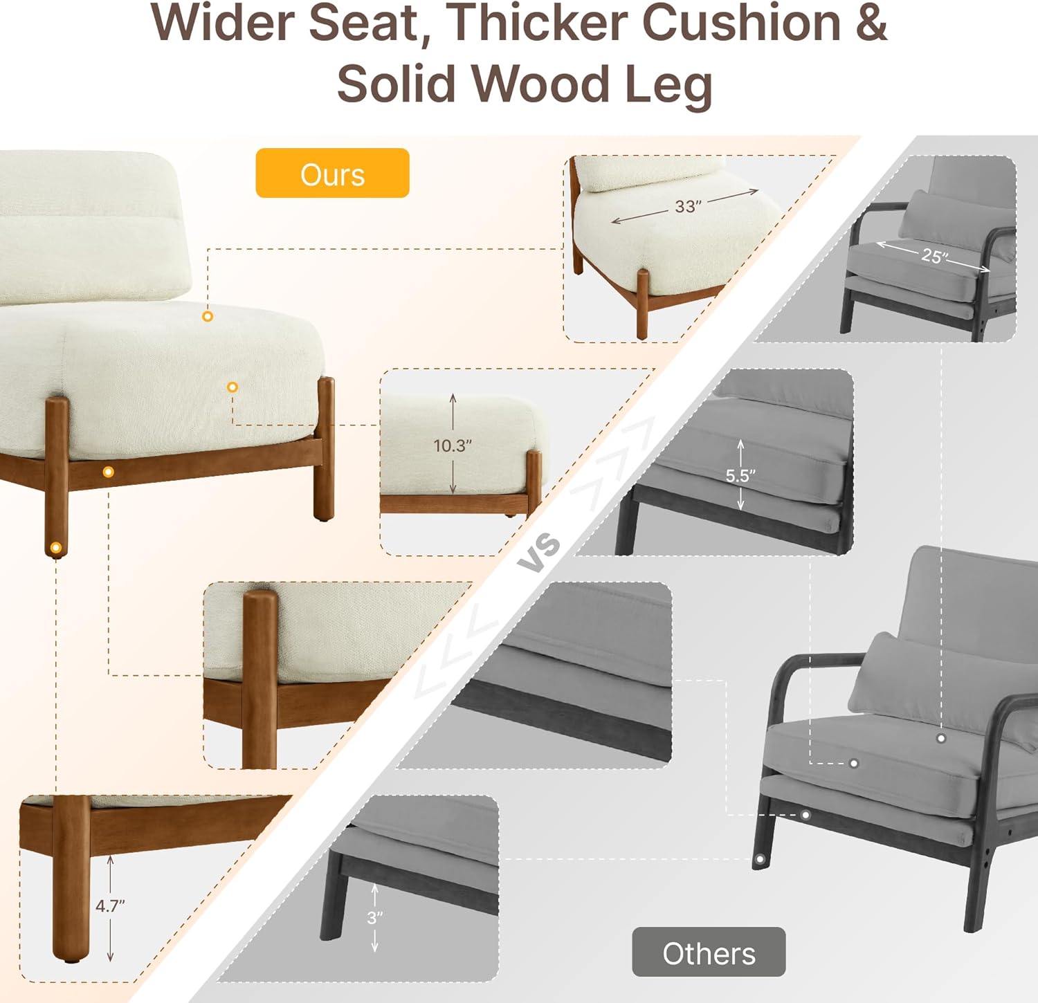 Mid Century Modern Accent Chair, Upholstered Armless Lounge Chair with Wooden Frame and Thick Padded Seat for Living Room, Bedroom,Linen