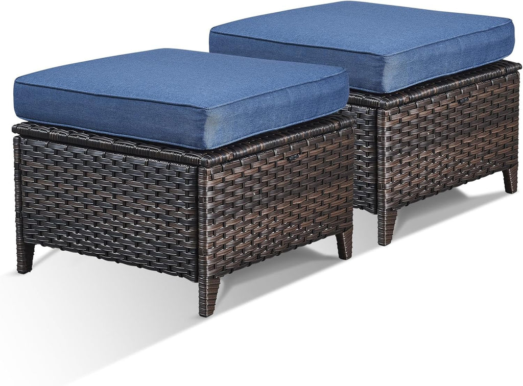 Patio Ottomans Set of 2 Outdoor Ottomans Wicker Foot Stools 2 Piece Footrest PE Rattan Ottomans with Thickened Cushions for Patio Garden Porch Balcony Poolside Deck, Brown|Blue