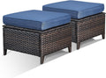 Patio Ottomans Set of 2 Outdoor Ottomans Wicker Foot Stools 2 Piece Footrest PE Rattan Ottomans with Thickened Cushions for Patio Garden Porch Balcony Poolside Deck, Brown|Blue