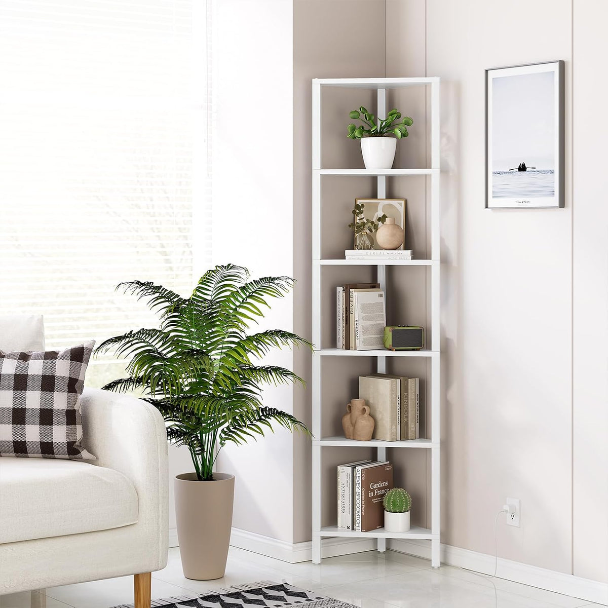 TUTOTAK 6-Tier Corner Bookshelf with LED Light, Corner Shelf