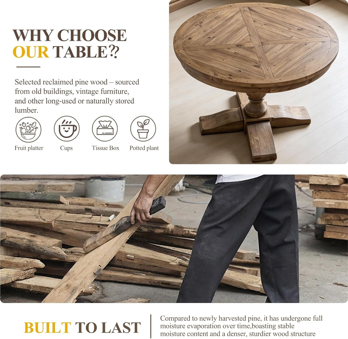 47" Round Dining Table with Wooden Pedestal Base, Antique Pine Wood Dinner Table for 4, Heavy Duty Pedestal Table for Kitchen/Dining Room/Living Room/Restaurant, Walnut