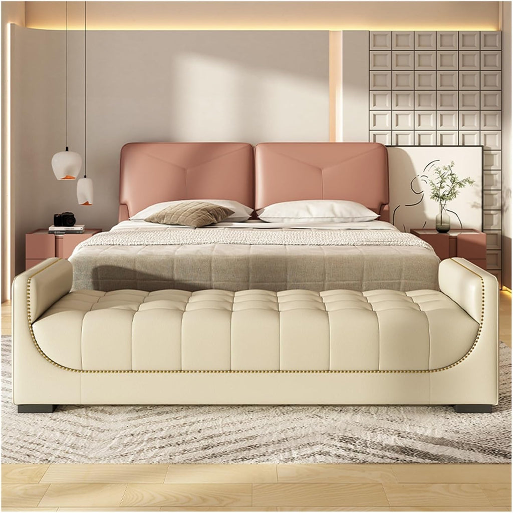 Modern Leather Bedroom Ottoman Bench,Upholstered End of Bed Modern Entryway Shoe with Armrests and Storage Pockets,Living Room Dinning Entryway(White,1.8m)
