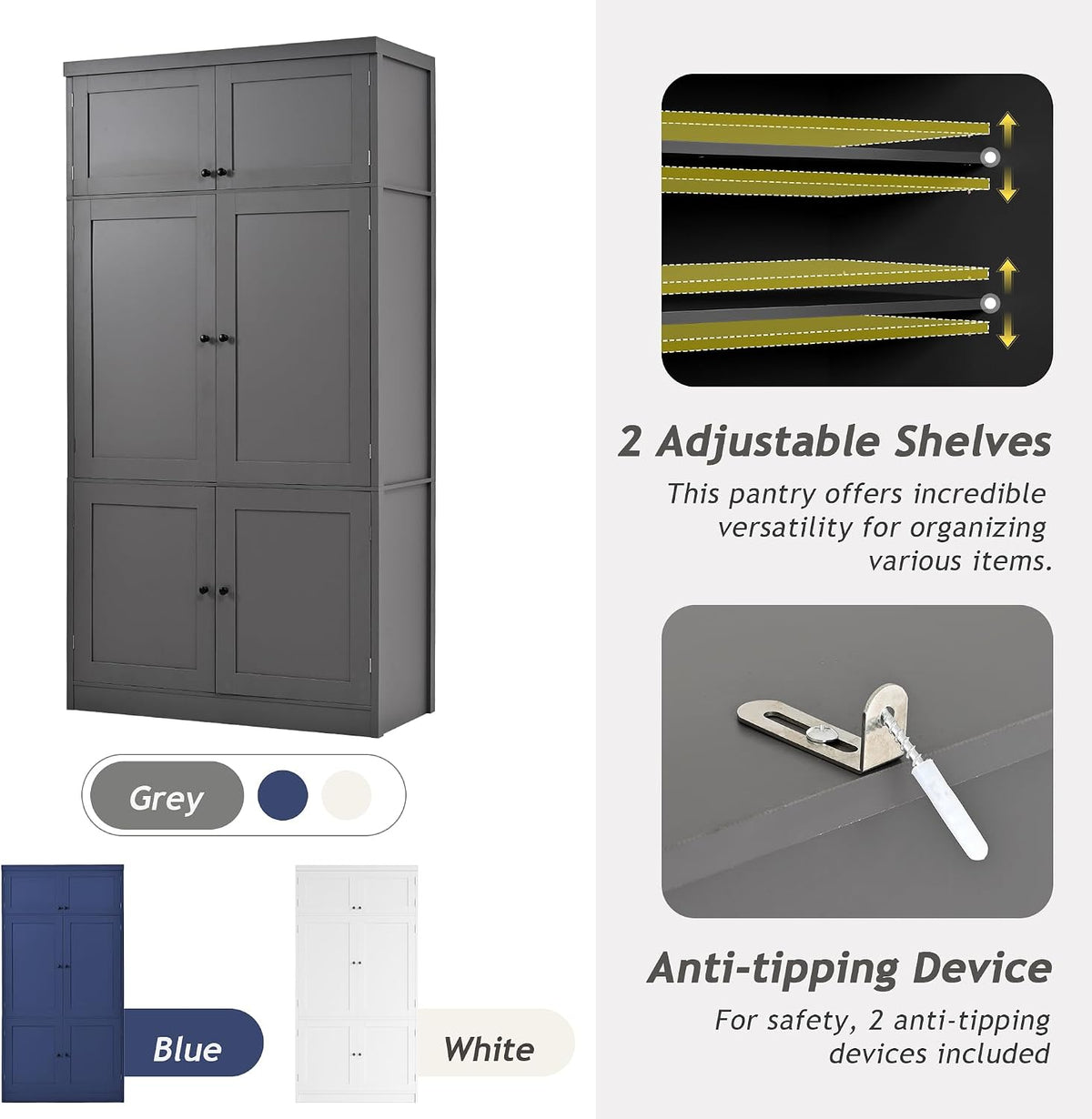 Polibi 80.1" Tall Freestanding Kitchen Pantry Cabinet, Large 41.3" Wide Shaker Style Storage Cupboard with 2 Power Outlets, Adjustable Shelves, 3 Drawers, Wine Rack & Countertop, Grey
