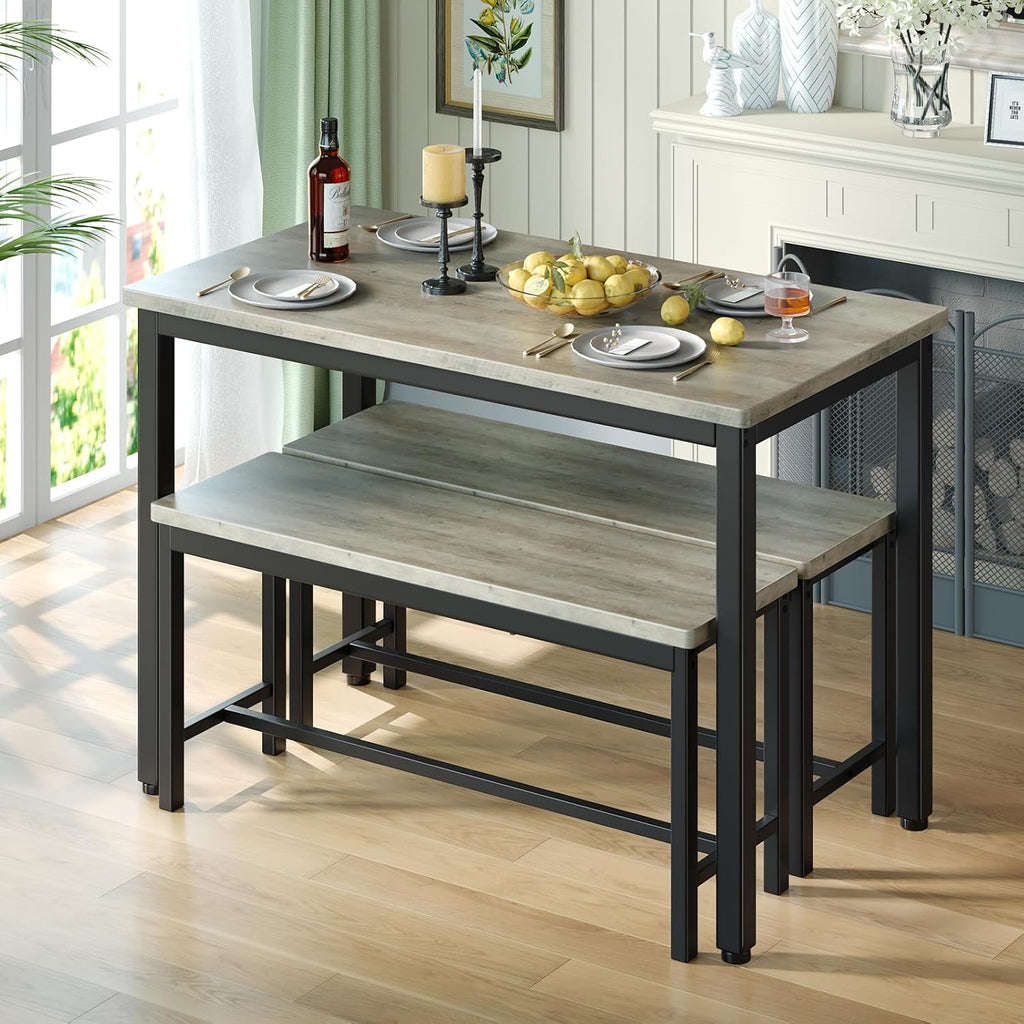 Tatub Dining Table Set for 4, 3-Piece Kitchen Table with 2 Benches, Space-Saving Dining Room Set for Breakfast Nook and Small Spaces, Grey | Kitchen Table and Chair Set，Dining Table with Chair, Space-Saving Dining Room Set for Breakfast Nook, Apartment