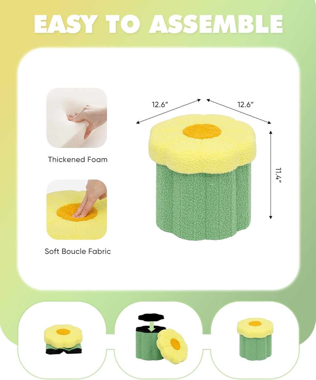 B FSOBEIIALEO Storage Ottoman Foldable, Sunflower Shaped Small Footrest Collapsible Folding Seat Bench for Bedroom Living Room Entryway, Faux Teddy Fur, Green 12.6"x12.6"x11.4"