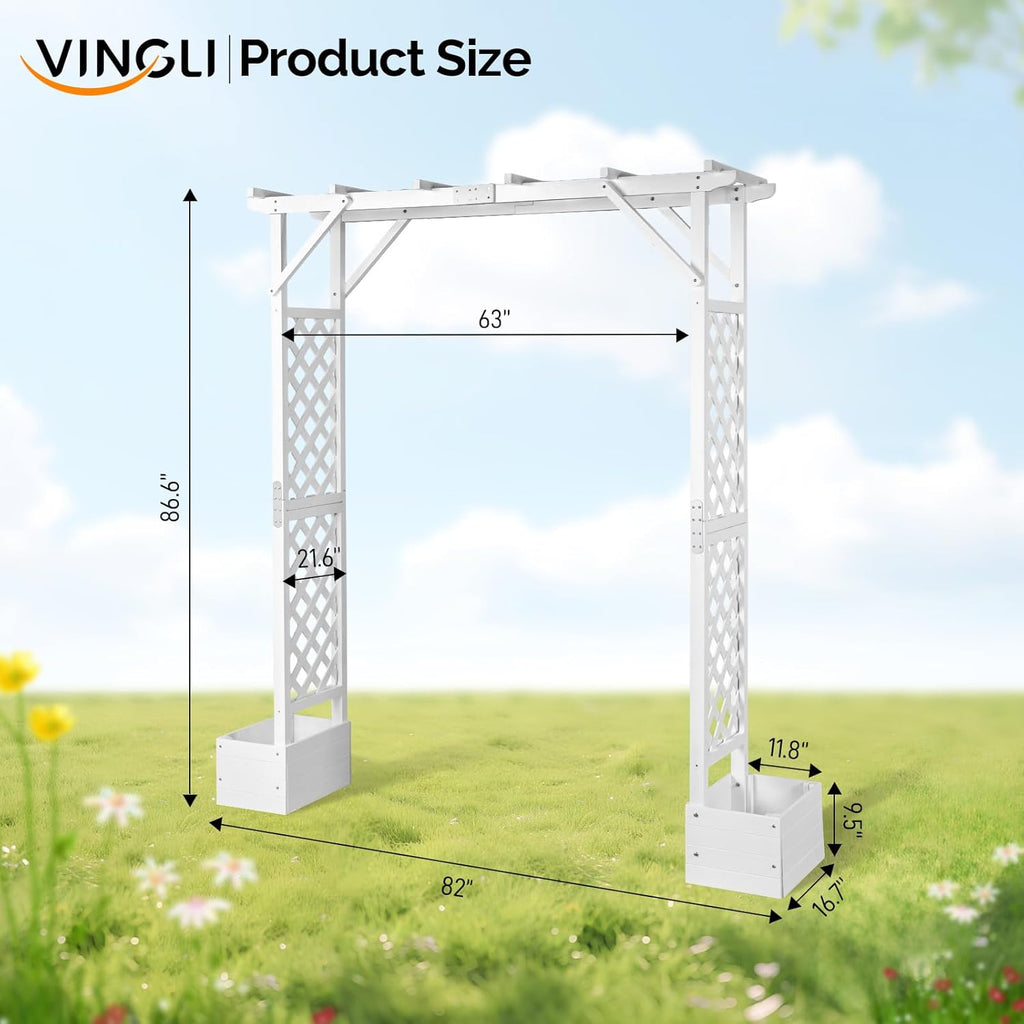 VINGLI Wooden Garden Arbor with Planter, Wedding Arch for Ceremony, Wood Garden Arbour Trellis for Plant Climbing, Pergola for Garden Backyard, Lawn, Outdoor (White)