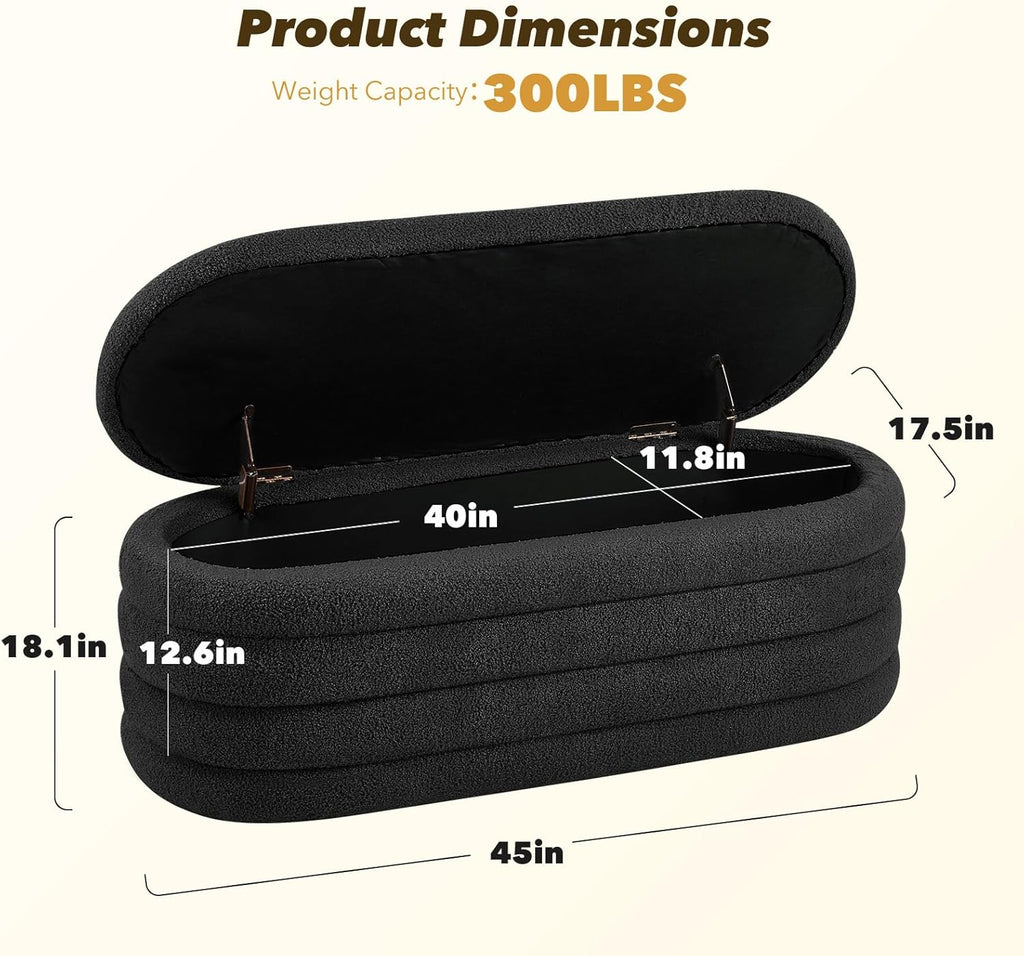 Furniliving Storage Ottoman Bench, 45'' Upholstered Boucle Ottoman with Storage, Aesthetic End of Bed Bench for Bedroom Living Room Entryway, Black