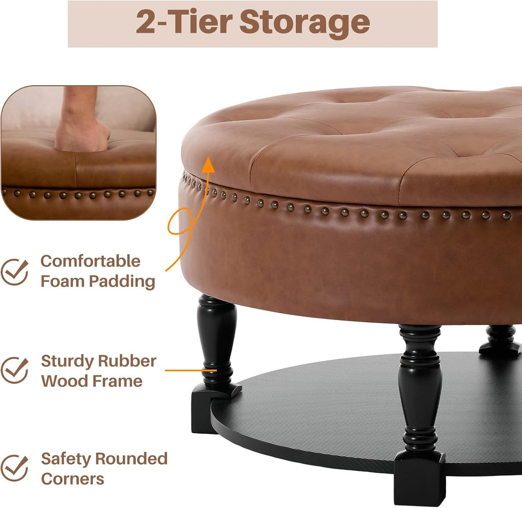 31.5 Inch Large Round Storage Ottoman with Wood Shelf Multifunctional Coffee Table Ottoman Round Storage Bench with Bottom Open Shelf for Living Room Bedroom Entryway Brown PU Leather