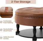 31.5 Inch Large Round Storage Ottoman with Wood Shelf Multifunctional Coffee Table Ottoman Round Storage Bench with Bottom Open Shelf for Living Room Bedroom Entryway Brown PU Leather