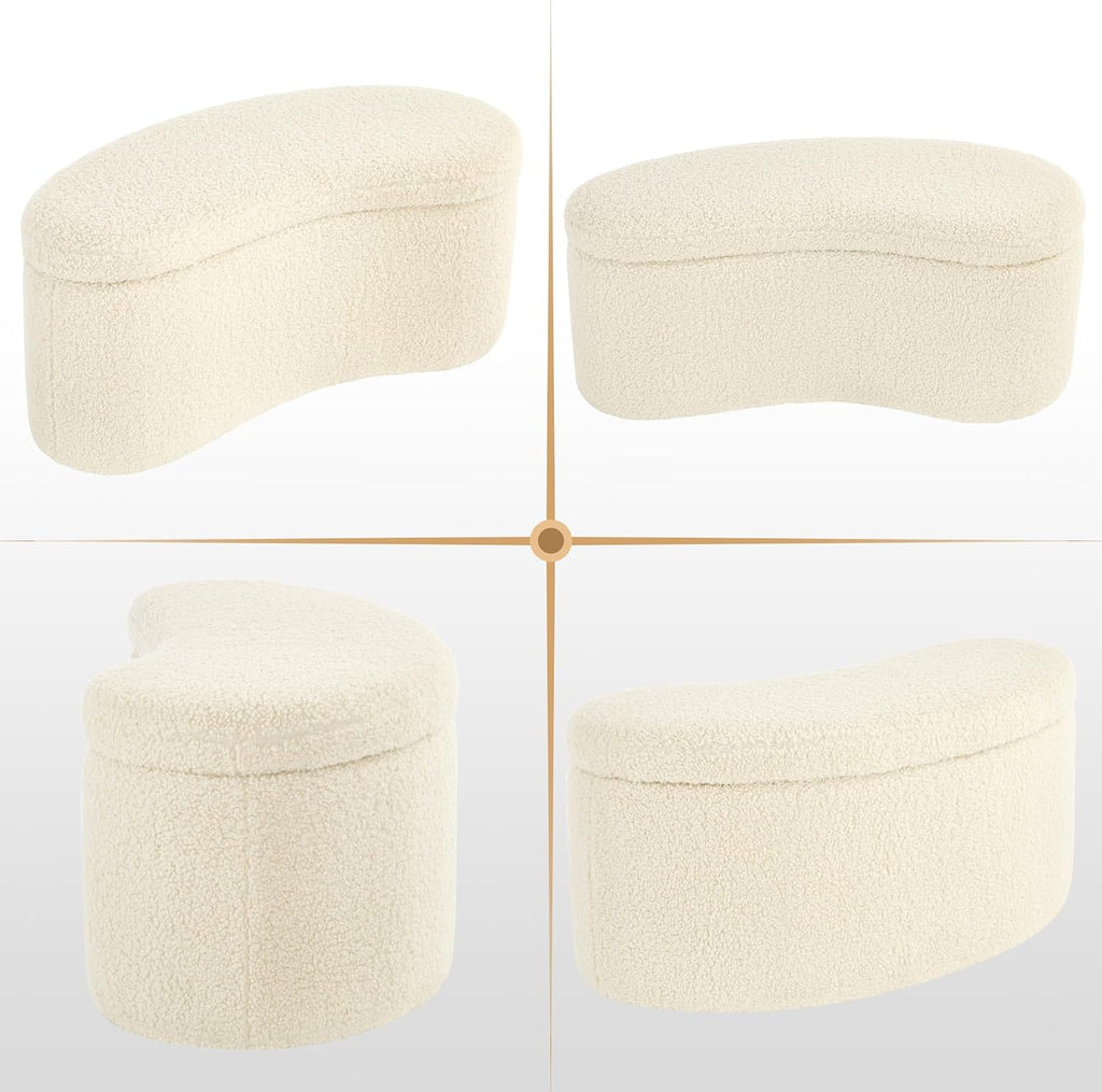 Zesthouse Storage Bench for Bedroom End of Bed, 39.4" Small Curved Entryway Ottoman Bench, White Sherpa Fabric Bench Seat for Living Room Hall Mudroom, Modern Upholstered Coffee Table Crescent Shape