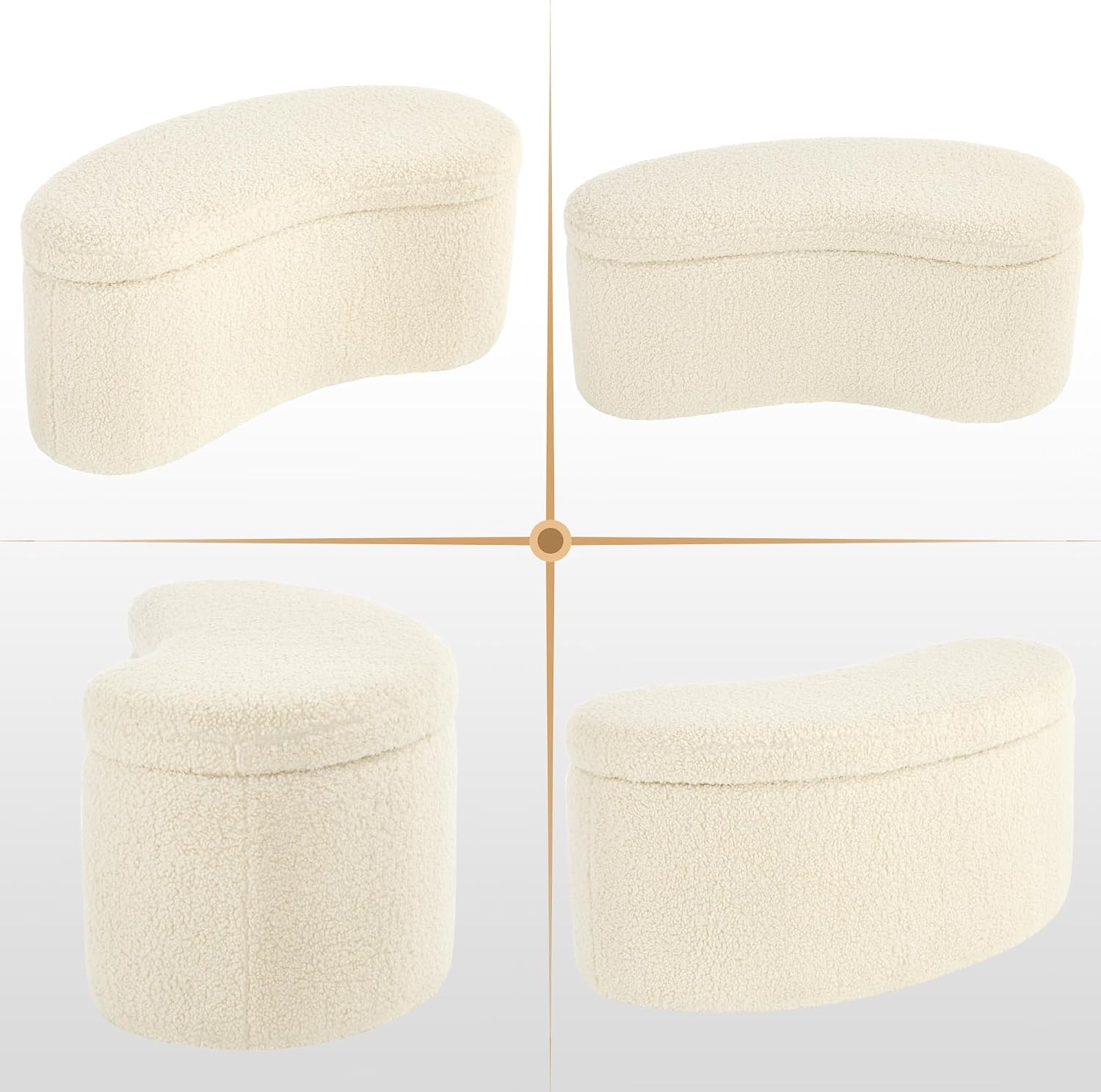 Zesthouse Storage Bench for Bedroom End of Bed, 39.4" Small Curved Entryway Ottoman Bench, White Sherpa Fabric Bench Seat for Living Room Hall Mudroom, Modern Upholstered Coffee Table Crescent Shape