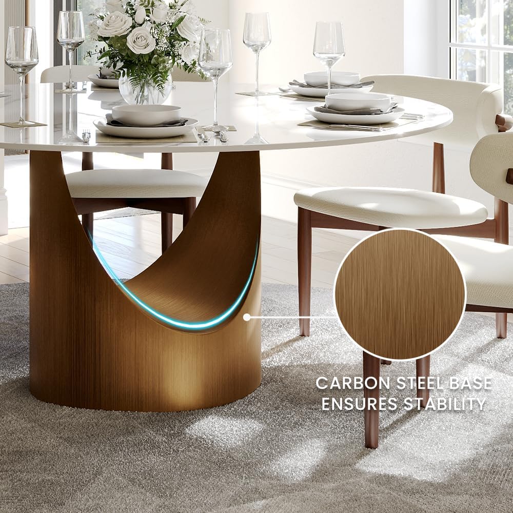 POVISON Round Dining Table for 4-6, 47" Glass Tabletop Dining Table with Bronze Carbon Steel Pedestal, Modern Dining Room Table for Kitchen, Living Room (Table Only)