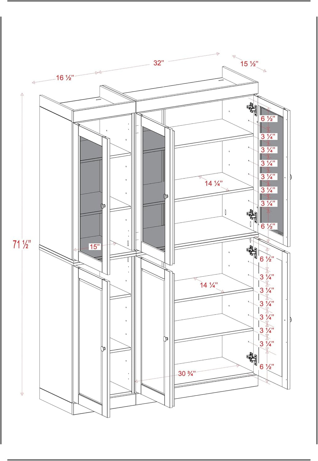 Palace Imports 100% Solid Wood 48.5"" Pantry China Cabinet with Raised Panel, Frosted Glass Doors, 2-Drawers and Adjustable Shelves