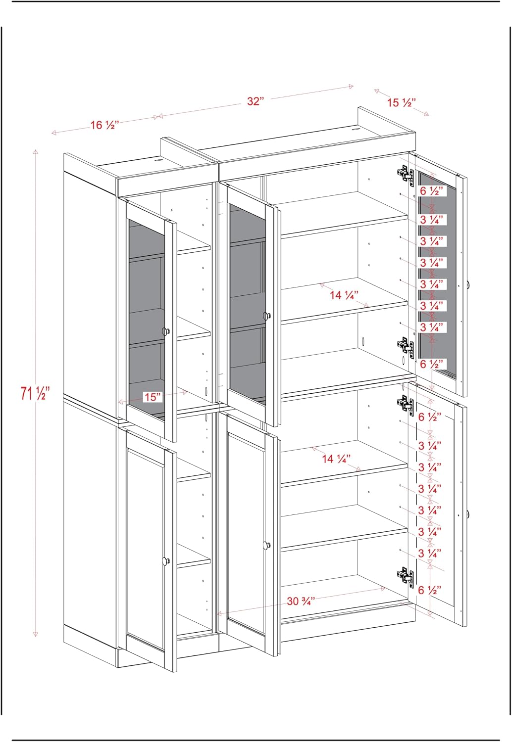 Palace Imports 100% Solid Wood 48.5"" Pantry China Cabinet with Raised Panel, Frosted Glass Doors, 2-Drawers and Adjustable Shelves