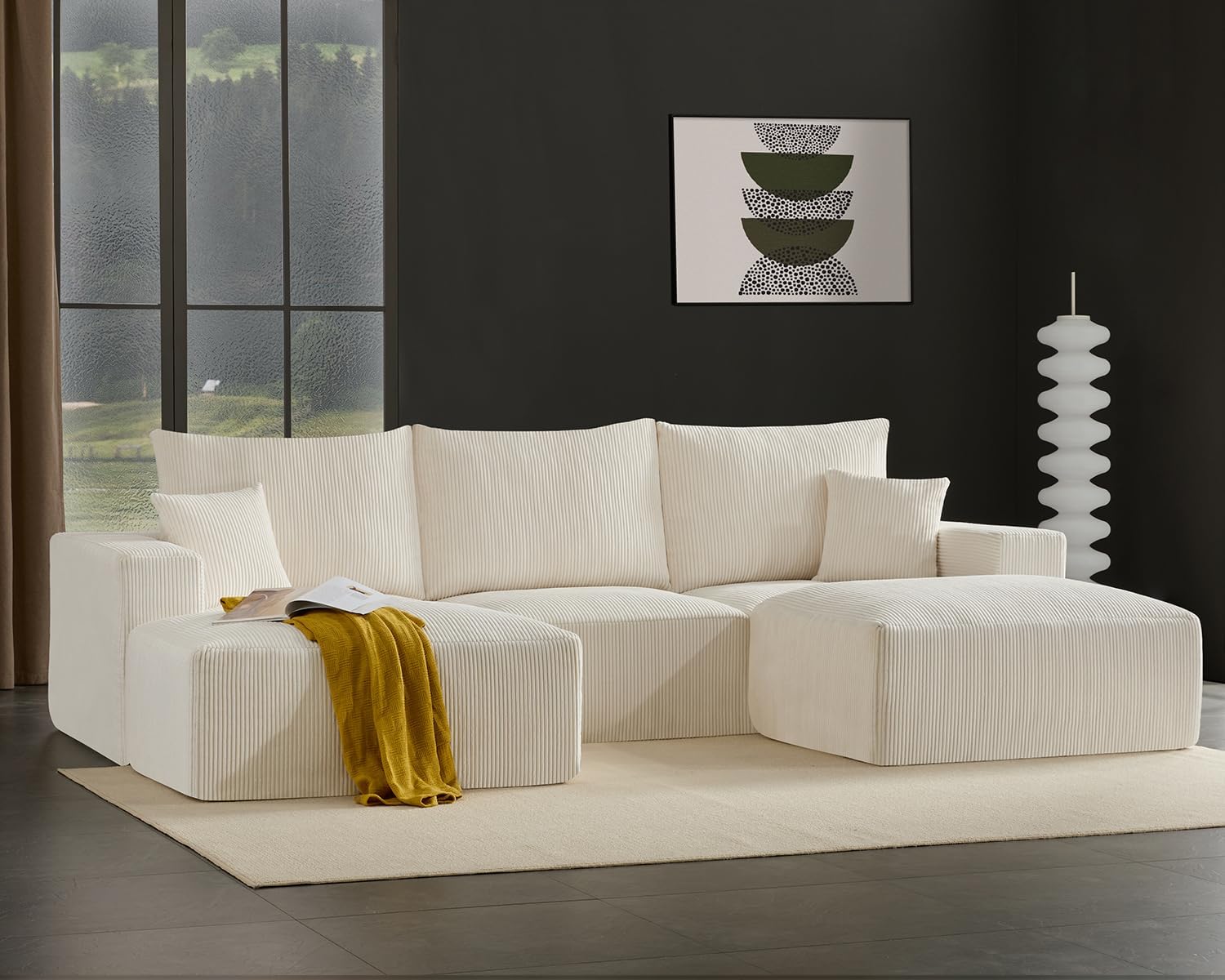Gericco 113" Modular Sectional Couch, Cloud Sofa with Deep Seats, Upholstered Corduroy U-Shaped Sleeper Sofa with Chaise, 3-Seater Couches for Living Room, No Assembly Required, Beige