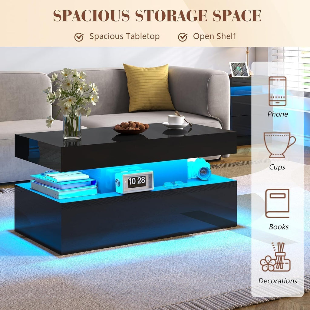 LUXOAK 3-Piece Modern Coffee Table Set with LED Lights | High-Gloss Finish, Coffee Table with Storage, 2 End Tables with Charging Stations, Living Room & Office Use, Black