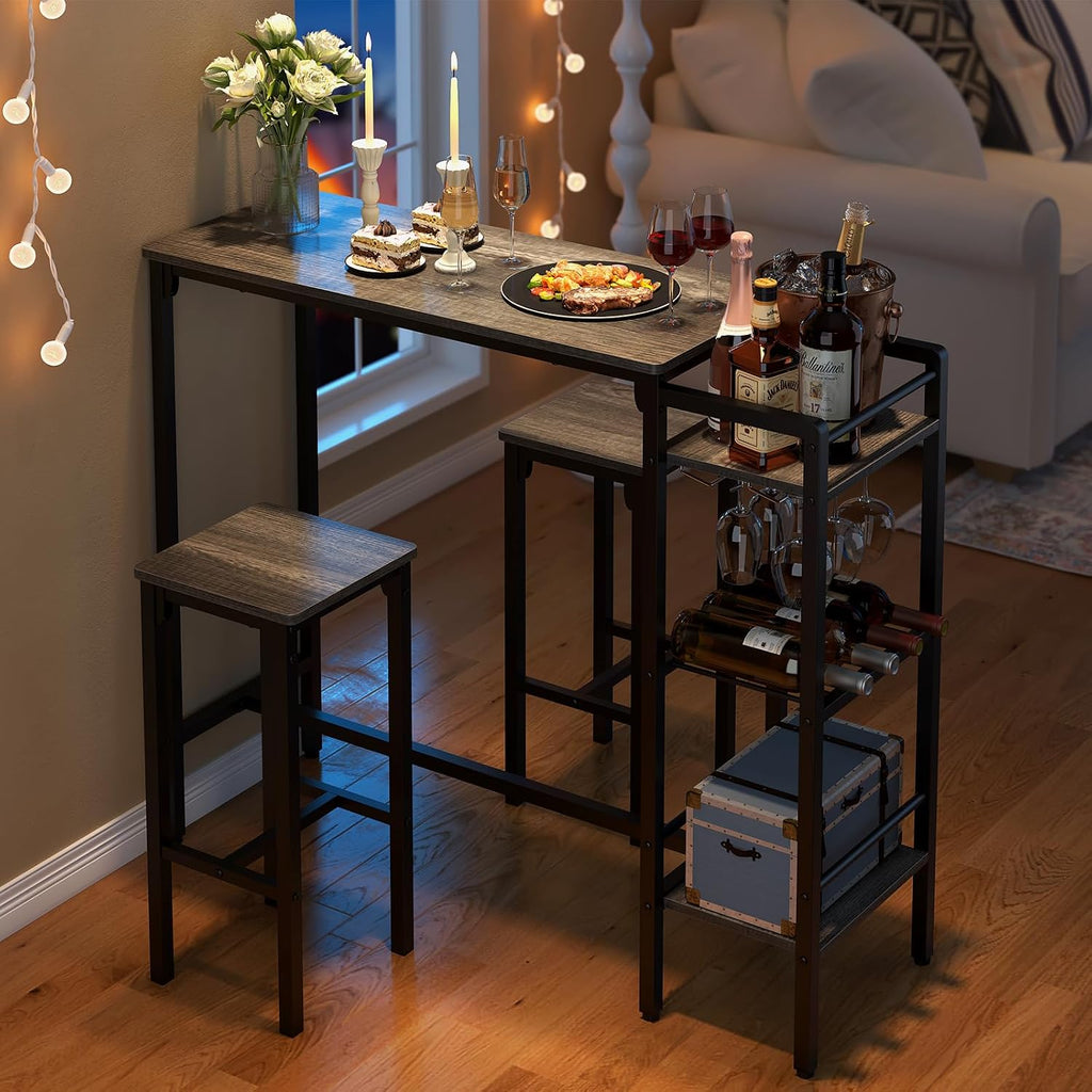 Weehom Bar Table and Chairs Set for Small Kitchens and Apartments - Space-Saving Dining Table Set for 2, 3 Storage Shelves with Bulit-in Wine Rack, Dining Room Breakfast Nook Table Set, Gray