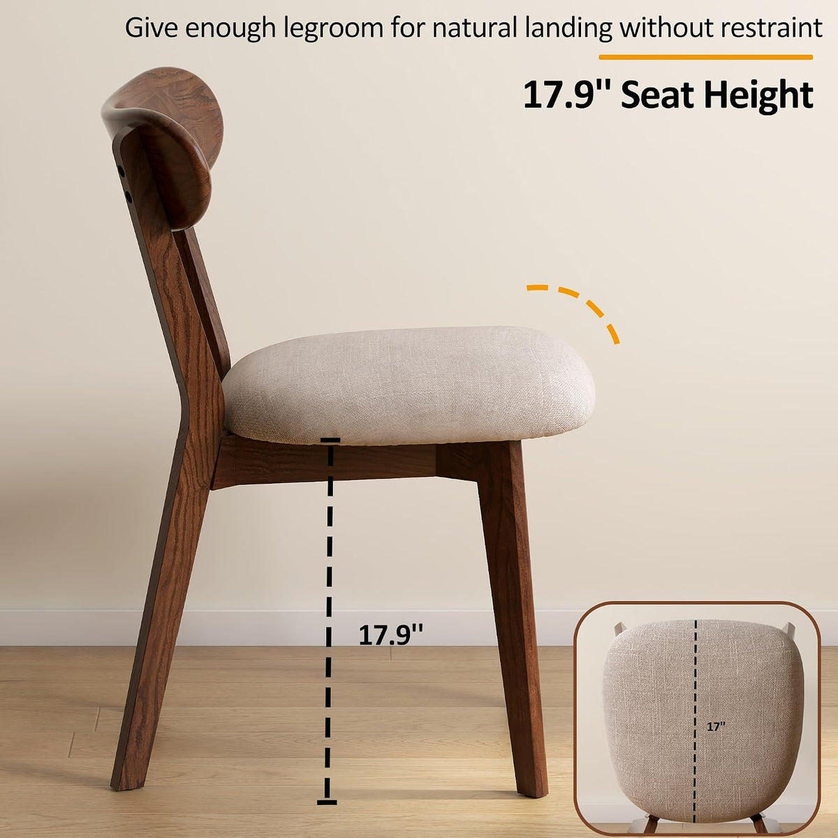 Modern Solid Wood Dining Chair Set of 4, Kitchen Dining Room Chair with Upholstered Cushion and Seat Cover, Curved Backrest, 100% FAS Grade North America Oak Wood, Walnut