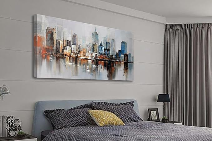 Arjun Brooklyn Bridge Wall Art Modern New York City Abstract Canvas Cityscape NY Painting Large Framed Colorful NYC Skyline Textured Picture for Living Room Bedroom Home Office Wall Decor, 48"x24"