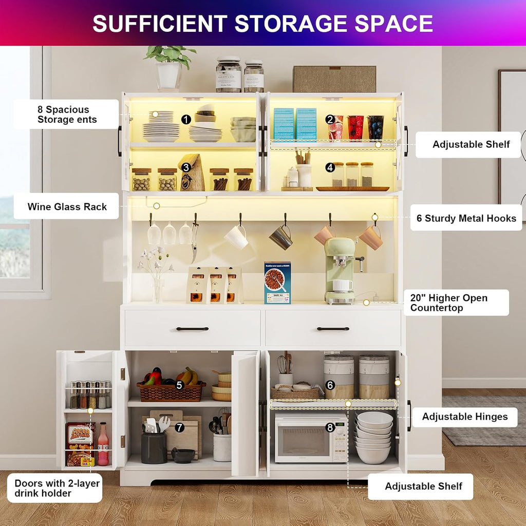 Vipbear 71" Tall Pantry Cabinet, Kitchen Hutch with Power Outlet, Farmhouse Buffet Sideboard with Door Racks, RGB LED Light Coffee Bar Cabinet for Kitchen Storage