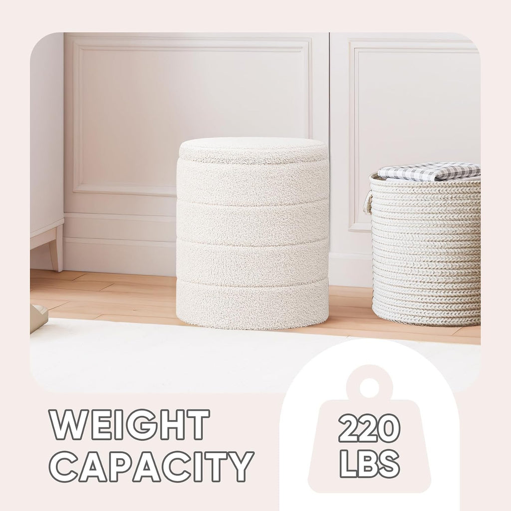 PINPLUS Round Storage Ottoman Foot Rest Stool with Tray Velvet Sherpa Folding Storage Ottoman,Boucle Foot Rest for Living Room, Bedroom, Dorm（Cream White）