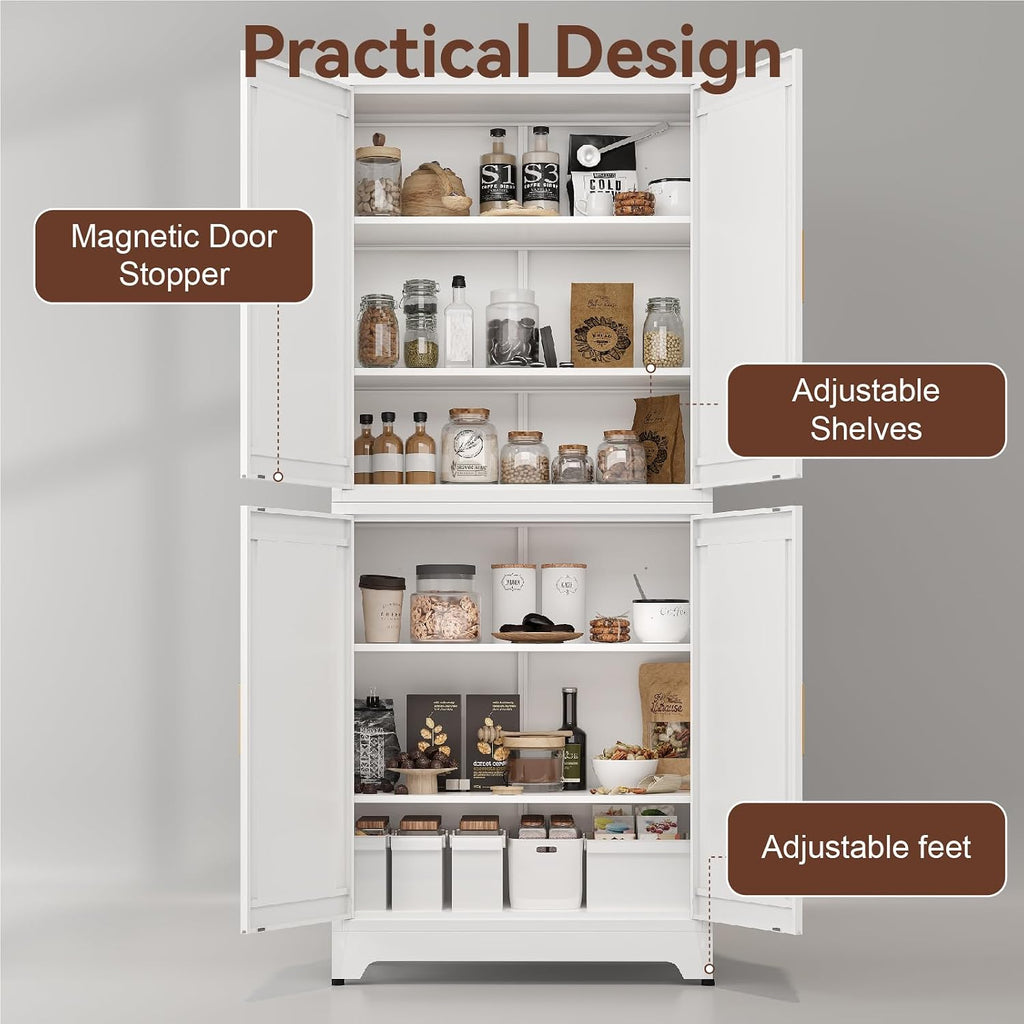Metal 2-in-1 Combination Kitchen Pantry Cabinet, 75" Tall Farmhouse Standing Storage Cabinets, Freestanding Cupboard with 4 Doors and Adjustable Shelves for Dining Room, Bathroom and Living Room