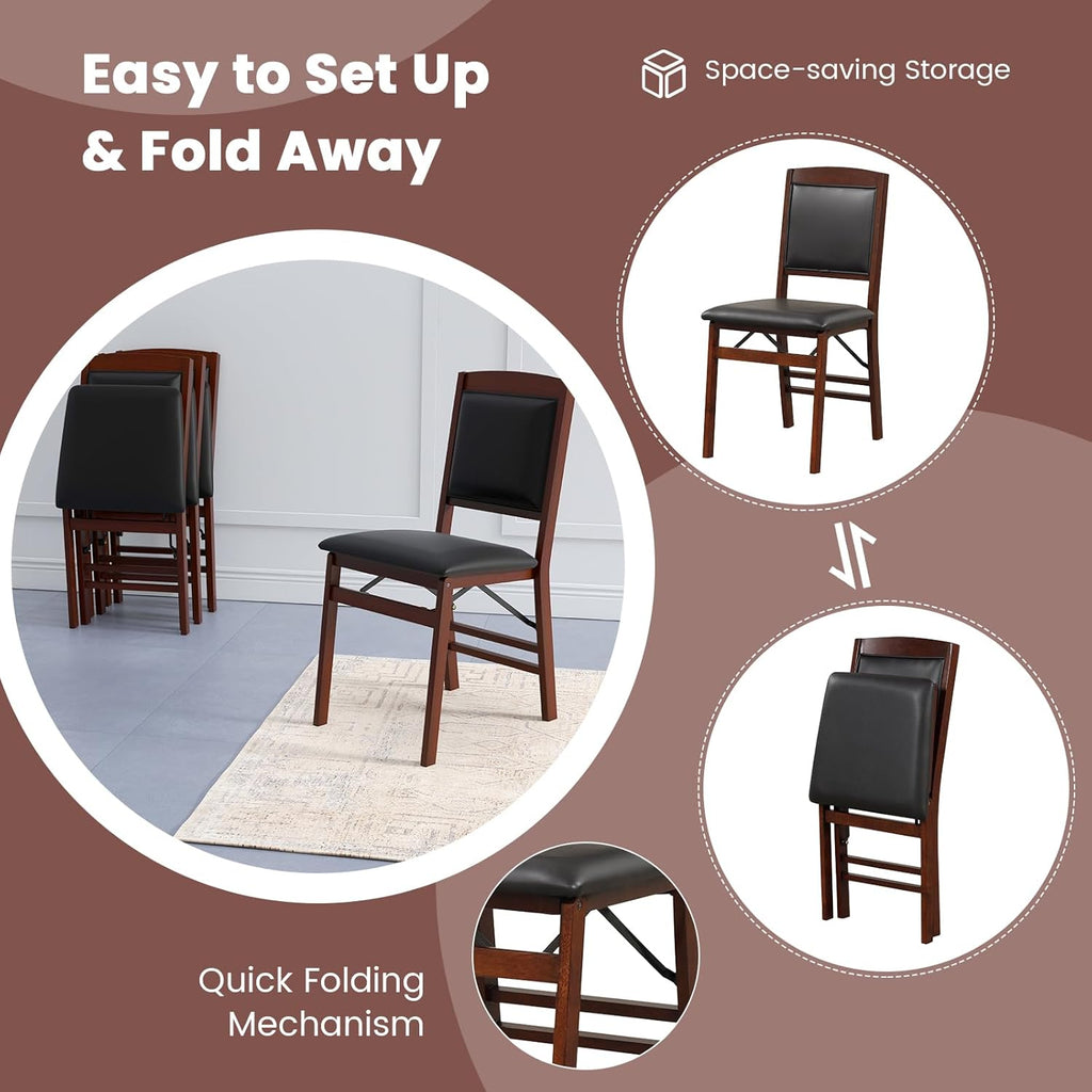 KOTEK Folding Dining Chairs Set of 2, Wooden Kitchen Chairs with Padded Seat & Backrest, Foldable Armless Side Chairs for Dining Room, Living Room