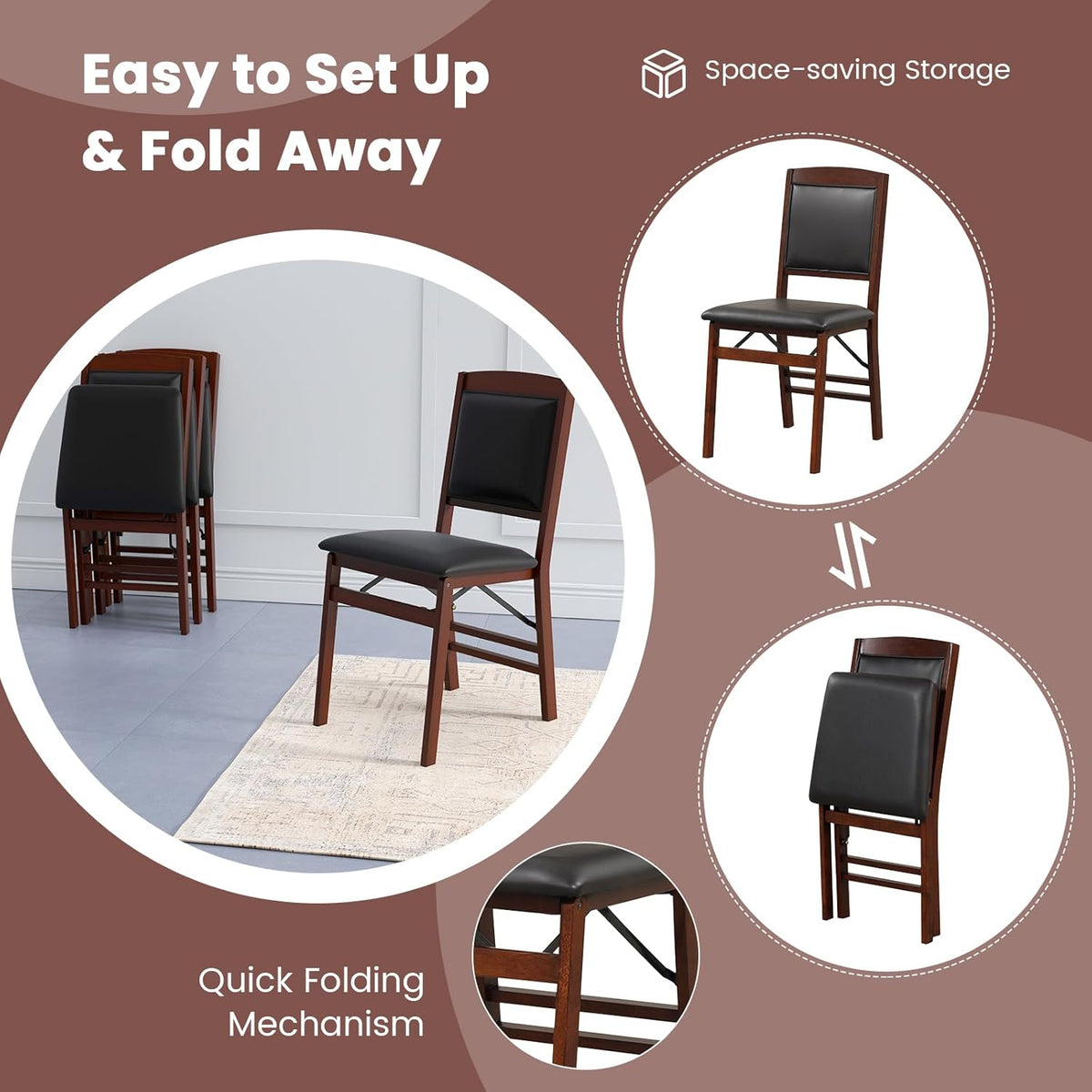 KOTEK Folding Dining Chairs Set of 2, Wooden Kitchen Chairs with Padded Seat & Backrest, Foldable Armless Side Chairs for Dining Room, Living Room