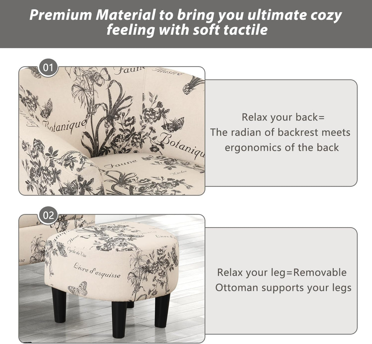 INZOY Modern Accent Chair with Ottoman for Small Space, Club Chair with Ottoman Set, Comfy Fabric Barrel Reading Chairs for Living Room Bedroom, Round Reading Chair with Foot Rest, Flower Pattern