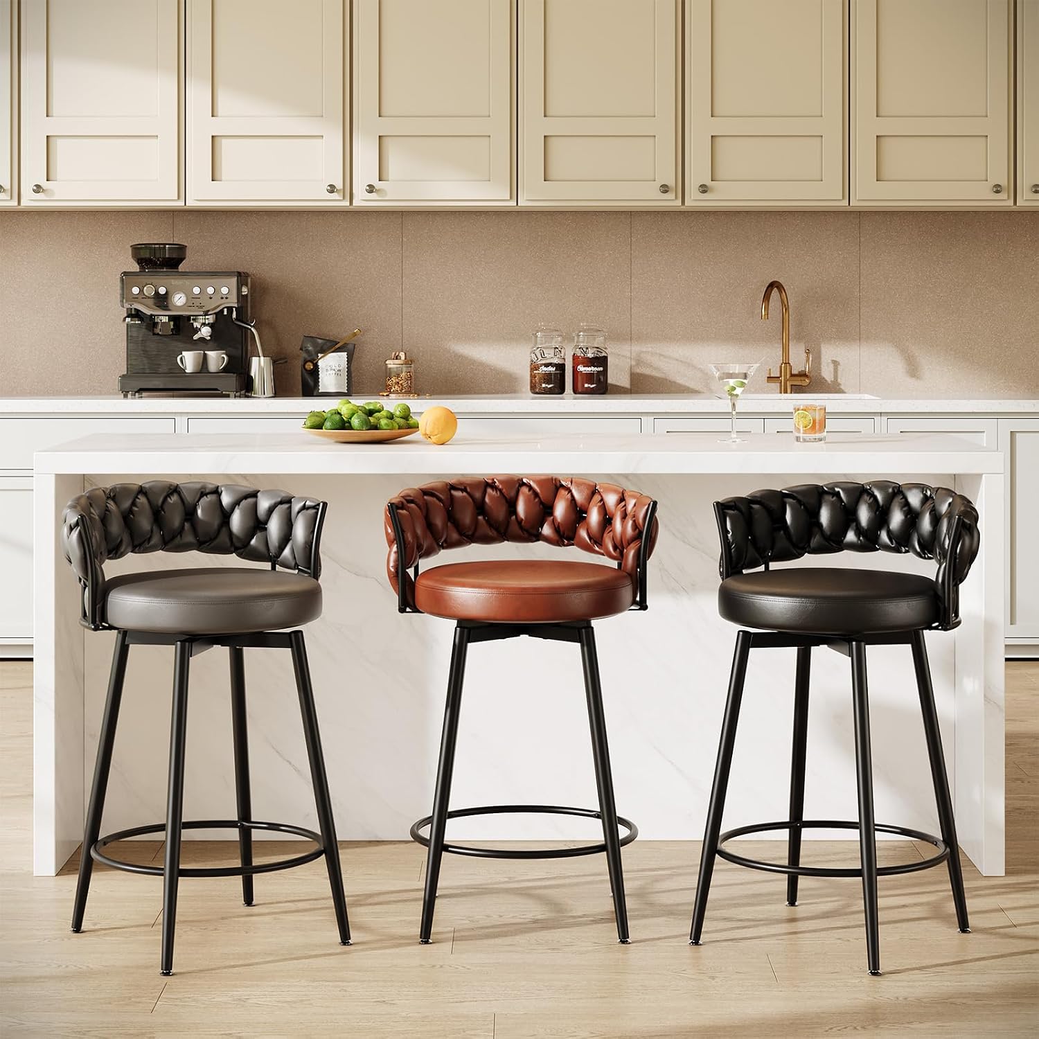 26" Counter Height Bar Stools Set of 3, Premium Faux Leather Barstools | Upholstered 360°Swivel Bar Chairs with Woven Backs Support & Heavy Duty Metal Legs for Kitchen Counter, Easy Assembly, Brown