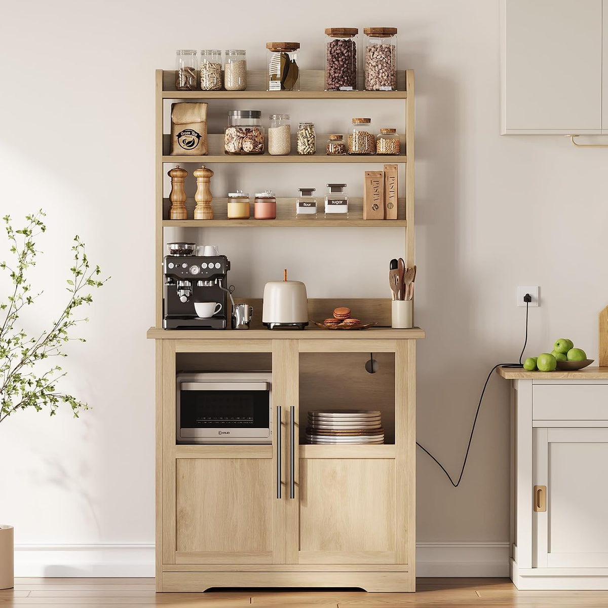 IDEALHOUSE Bakers Rack with Storage Cabinet, Microwave Stand with Power Outlets, Farmhouse Bakers Rack with Thick Table Top, Small Kitchen Bakers Rack for Kitchen,Dining Room,Peer Wood