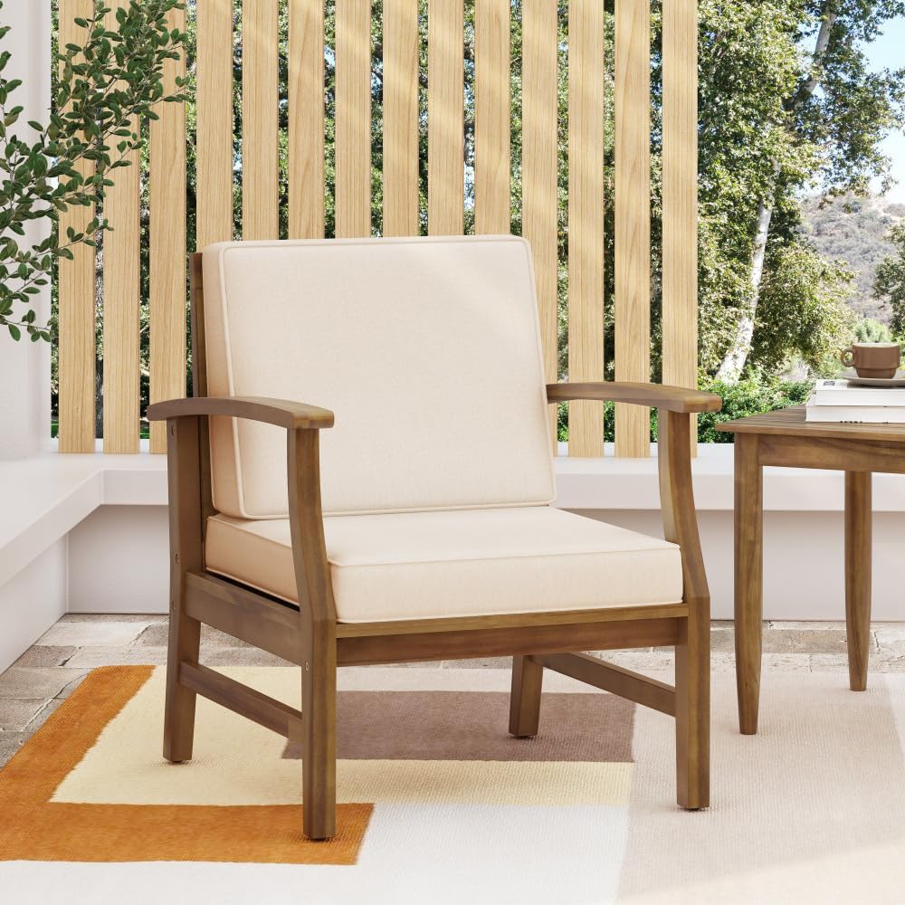 Weatherproof Acacia Wood Outdoor Arm Chair with Beige Cushions, Indoor & Patio Single Comfort Lounge Chair for Porch Garden Backyard (Cream + Acacia Wood)