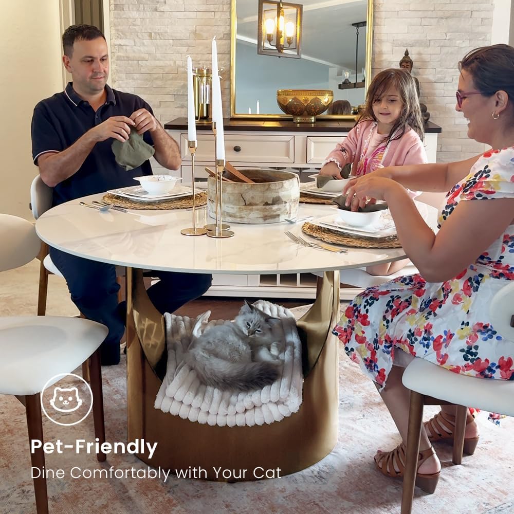 POVISON 59" Round Dining Table for 6, Glossy White Sintered Stone Tabletop | Sintered Stone Dining Tabletop, Carbon Steel Base, Mid Century Kitchen Table for Dining Room, Luxury Dining Table（Table only）