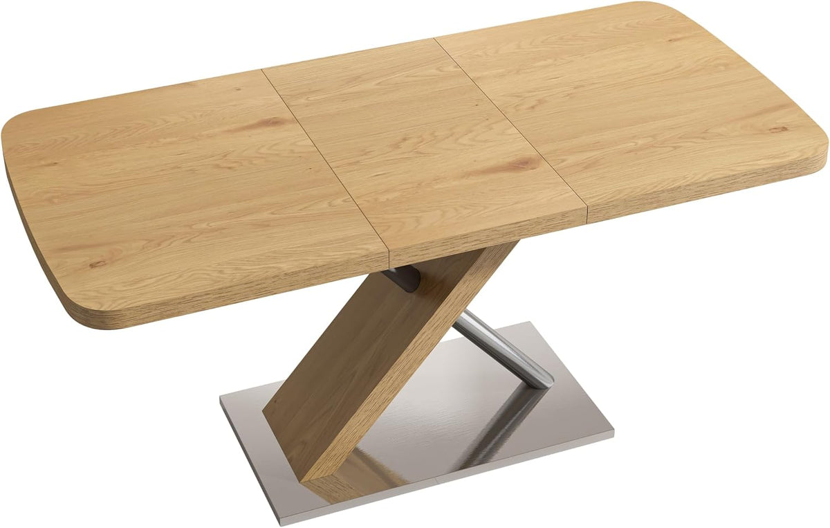 Expandable Natural Wood Dining Table for 4-6, Extendable 47-63 Inch Scratch-Resistant Rectangle Dining Table with MDF Table Top and Stainless Steels X-Shape Base for Living Room Kitchen