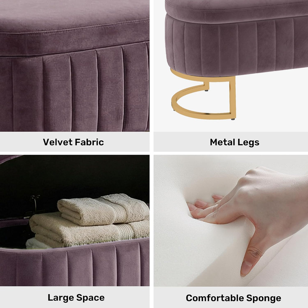 51" Velvet Storage Ottoman Bench End of Bed for Bedroom Entryway Purple | Velvet Large Storage Solid Wood with Metal Leg 300 lbs Weight