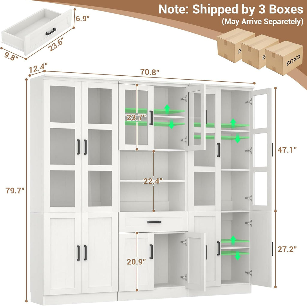 Unikito 79.7" Tall Kitchen Pantry Storage Cabinet, Freestanding Kitchen Hutch Cabinet with Tempered Glass Door, Adjustable Shelves and Drawer, Large Display Bookcase for Living Room Dining Room, White