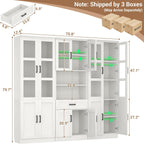 Unikito 79.7" Tall Kitchen Pantry Storage Cabinet, Freestanding Kitchen Hutch Cabinet with Tempered Glass Door, Adjustable Shelves and Drawer, Large Display Bookcase for Living Room Dining Room, White