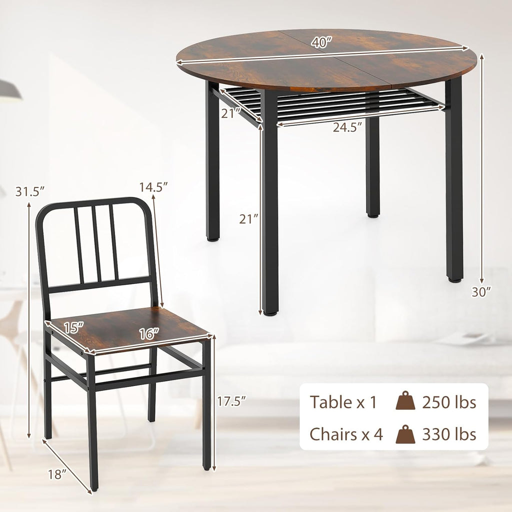 GOFLAME 5-Piece Round Dining Table Set for 4, Space-Saving Kitchen Table and Chairs Set with Storage Shelf, Industrial Wooden Dinette Set for Dining Room, Living Room, Breakfast Nook, Rustic Brown