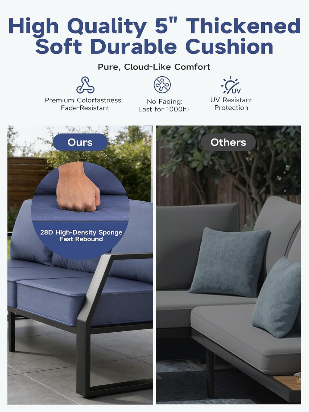 Oversized Outdoor Modern Patio Sofa for 3, 5" Thick Cushions, Deep Seat & Wide Armrests, Comfortable Aluminum All-Weather Rustproof UV-Resistant Frame for Garden, Backyard, Porch