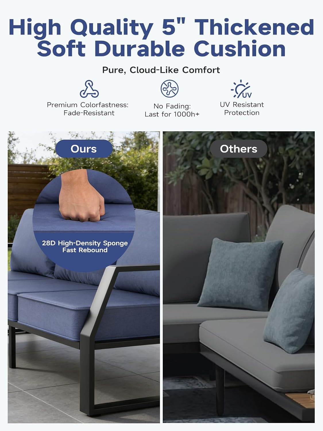 Oversized Outdoor Modern Patio Sofa for 3, 5" Thick Cushions, Deep Seat & Wide Armrests, Comfortable Aluminum All-Weather Rustproof UV-Resistant Frame for Garden, Backyard, Porch