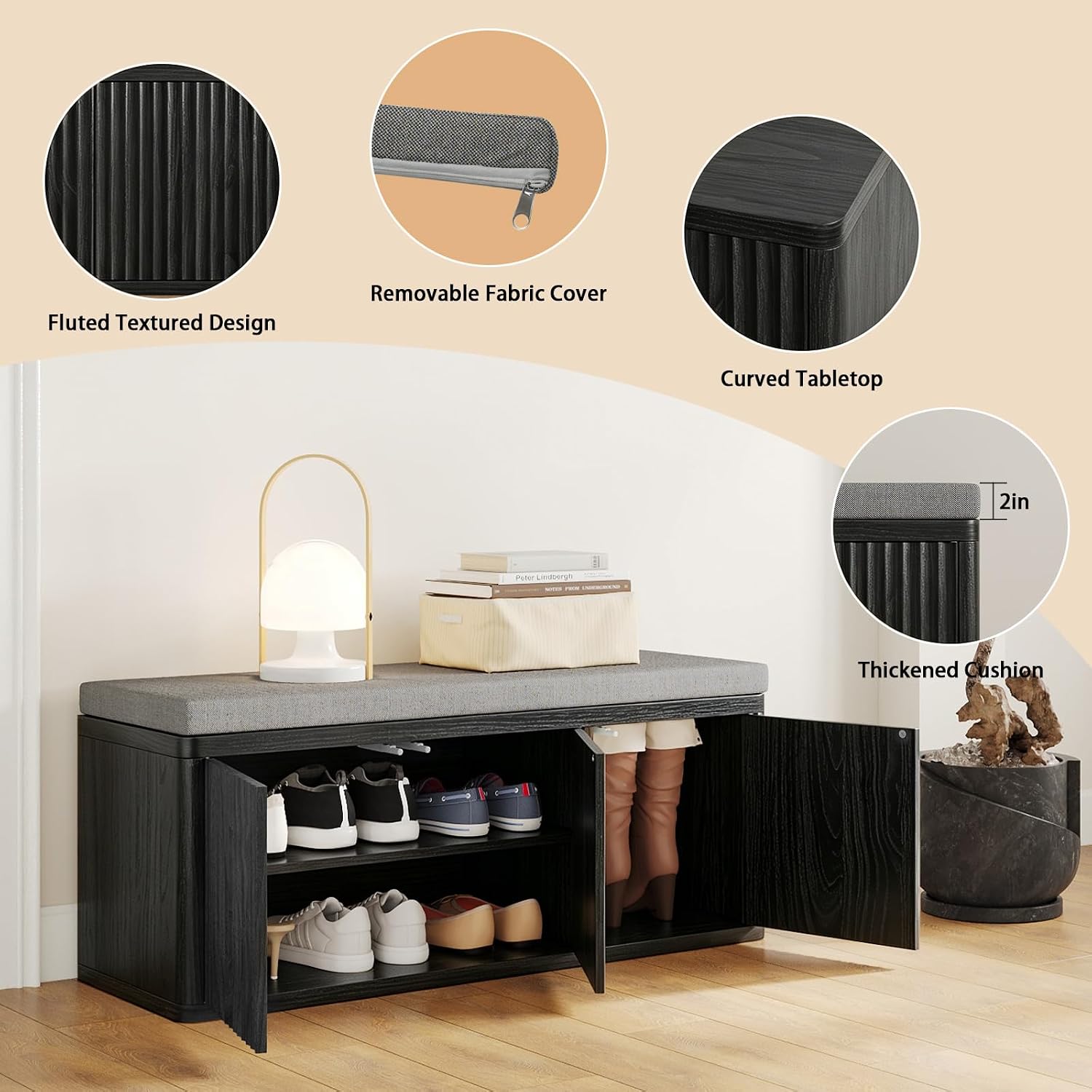 41.3" Fluted Shoe Storage Bench, Entryway Bench with 2" Cushioned Seat, 440lbs Heavy Duty Shoe Cabinet Bench with Adjustable Shelf, Hidden Storage Organizer for Bedroom End of Bed, Black