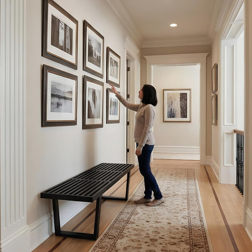 55" Black Wood Entryway Bench, Industrial End of Bed Bench for Bedroom, Wooden Dining Bench with Black Metal Frame, Long Bench Ottoman Bench for Living Room Foyer Indoor Hallway