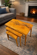 SODEF Handmade Oak Series Nesting Side Table Set - 3 Piece Retro Style Wood Tables - Unique Design, Rectangular Top - Living Room, Accent Furniture - Brown