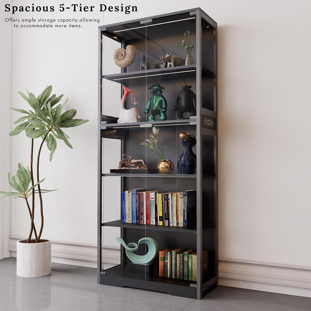 Display Cabinet with Glass Doors, 5-Tier 65" Glass Display Cabinet with LED 3-Color Lights & Human Body Sensor, Curio Cabinet with Textured Wood Shelves for Collectibles,Black Iron Frame