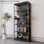 Display Cabinet with Glass Doors, 5-Tier 65" Glass Display Cabinet with LED 3-Color Lights & Human Body Sensor, Curio Cabinet with Textured Wood Shelves for Collectibles,Black Iron Frame