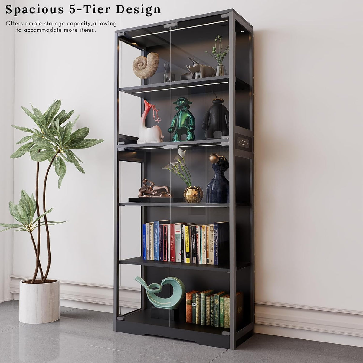 Display Cabinet with Glass Doors, 5-Tier 65" Glass Display Cabinet with LED 3-Color Lights & Human Body Sensor, Curio Cabinet with Textured Wood Shelves for Collectibles,Black Iron Frame
