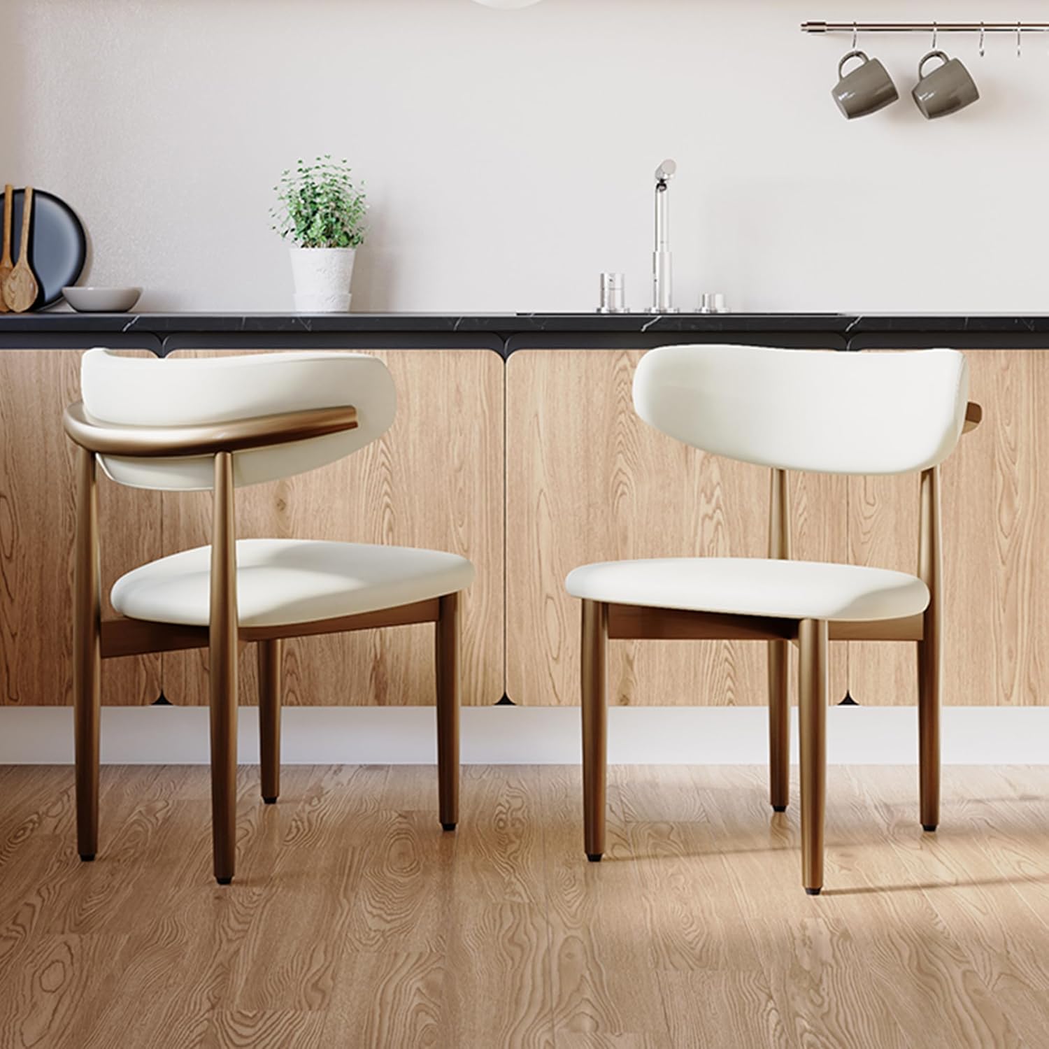 POVISON Modern Dining Chairs Set of 2, Armless PU Leather Dining Chair with PU Cushions and Dark Bronze-Coloured Metal Leg
