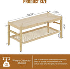 Recaceik Indoor Entryway Bench with Paper Cord Ottoman & Grid Storage Rack, Mid-Century Long Bench with Rubber Wood Legs, French Vanity End Bed Bench for Bedroom Living Room Channel