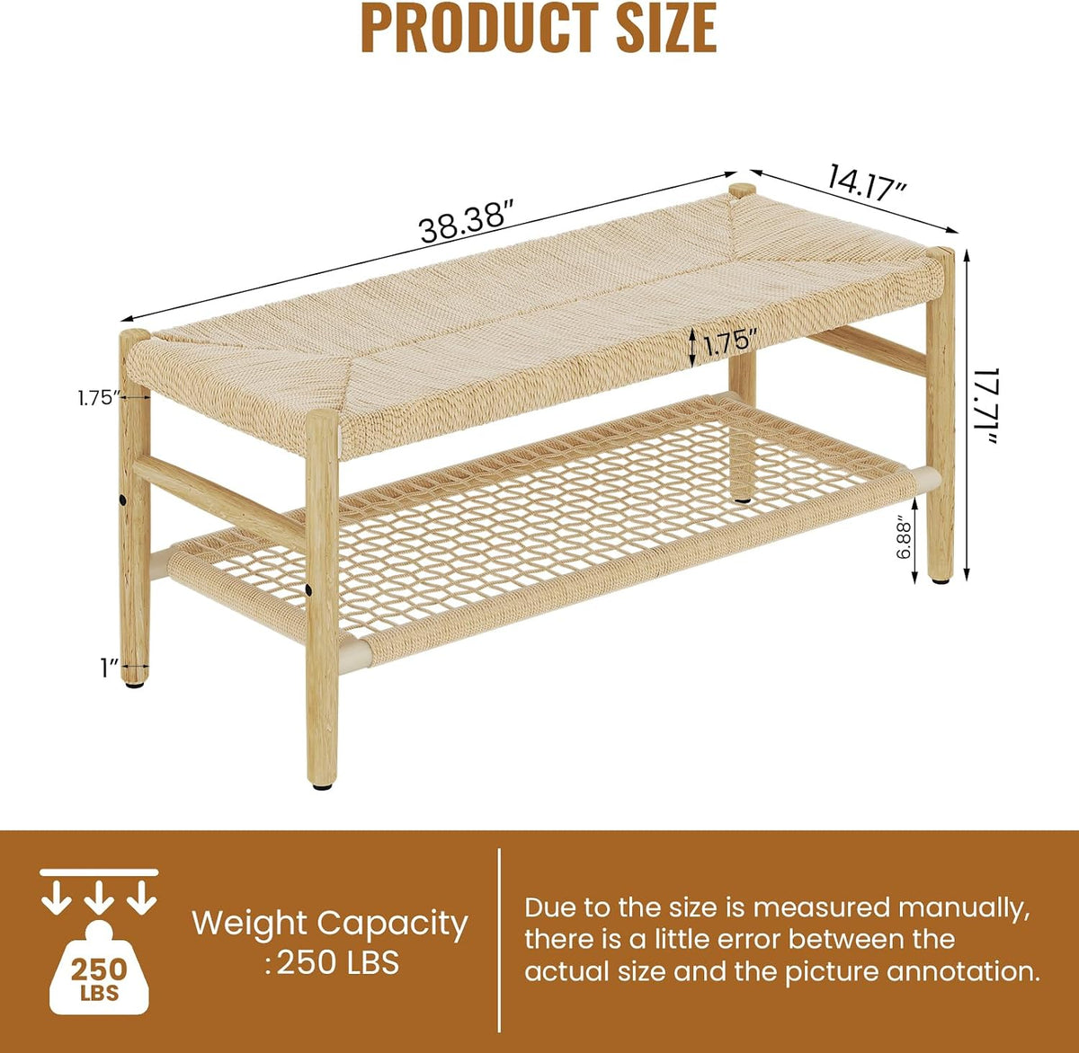 Recaceik Indoor Entryway Bench with Paper Cord Ottoman & Grid Storage Rack, Mid-Century Long Bench with Rubber Wood Legs, French Vanity End Bed Bench for Bedroom Living Room Channel